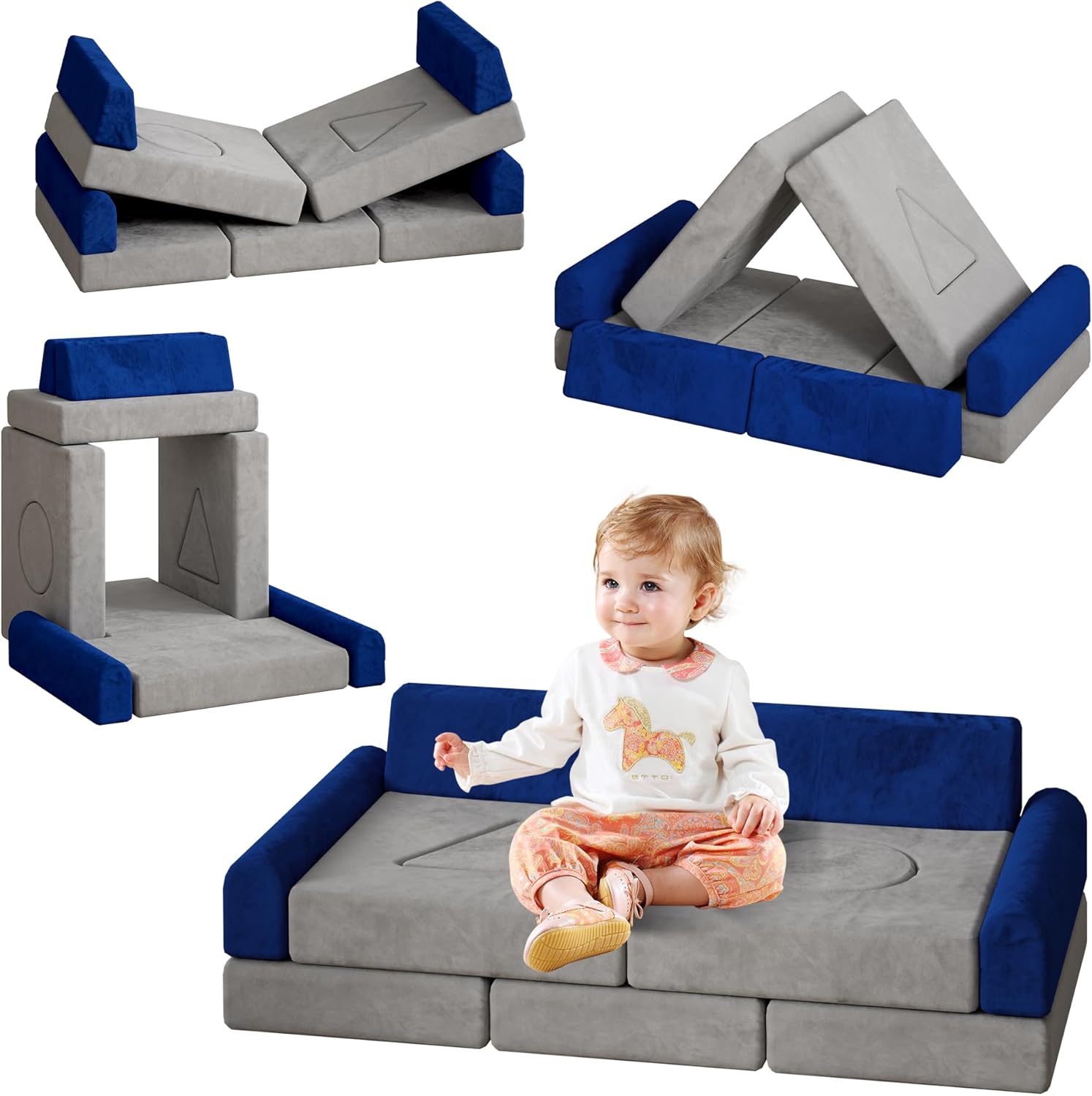 Modular Play Sofa for Children, Children's Sofa Made of Foam Building Blocks, Play Sofa, Children's Room, Soft Building Blocks with Flannel Cover, Grey Blue