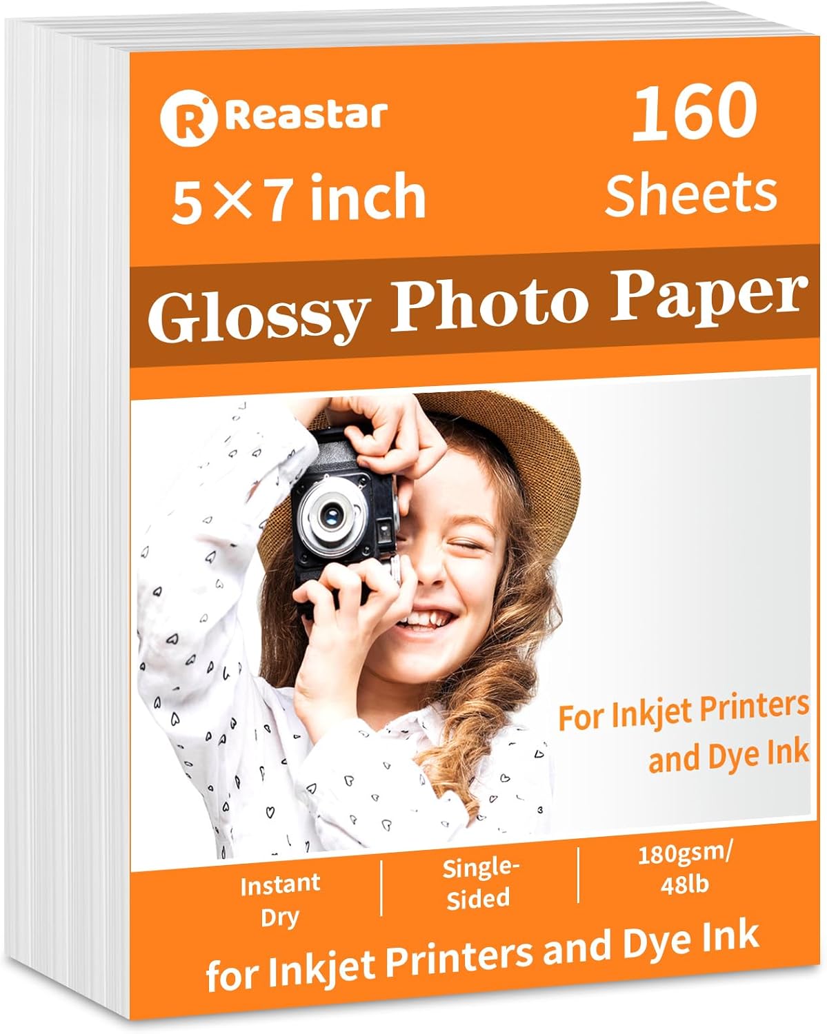 Reastar 5x7 Glossy Photo Paper, 160 Sheets Picture Paper for Inkjet Printer, 180gsm/48lb