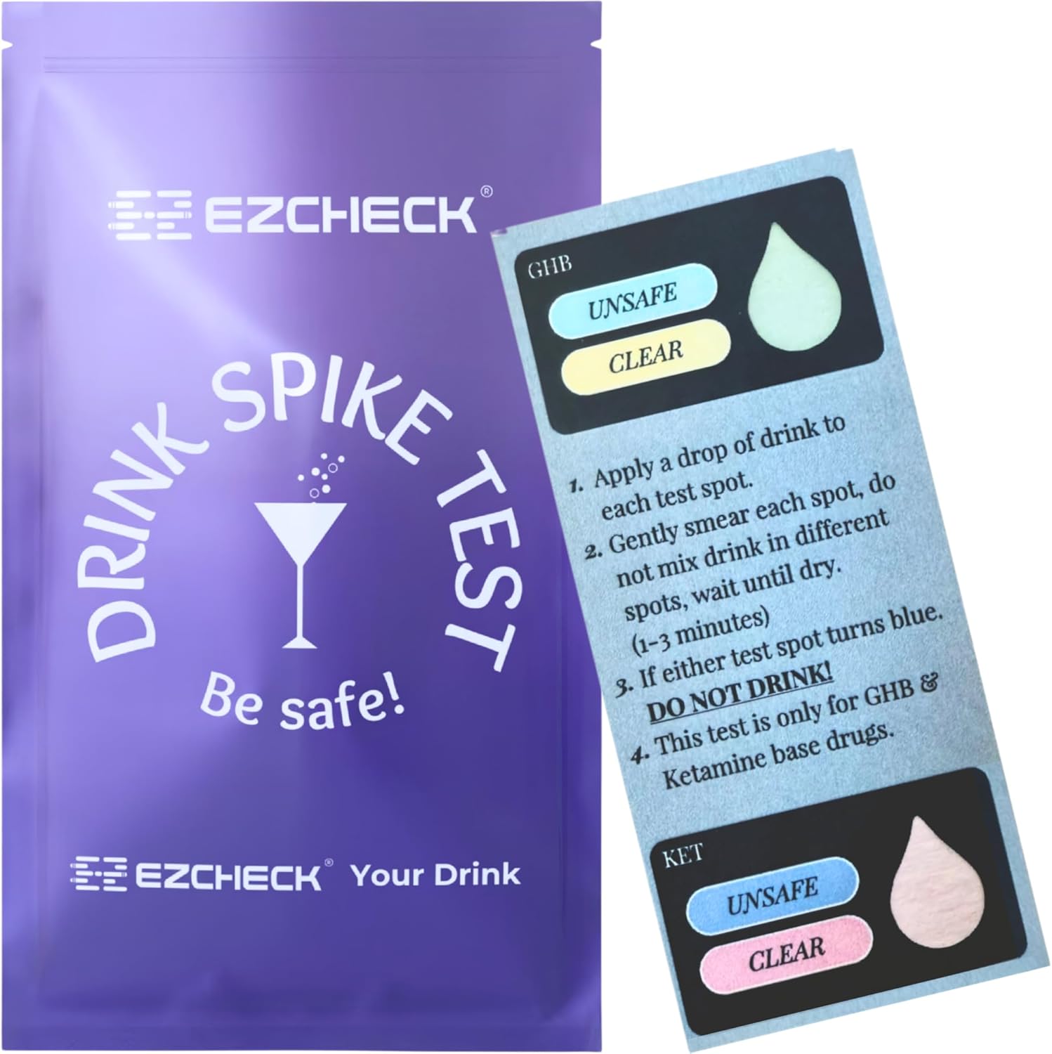 [5 Tests] EZCHECK® Drink Spiking Test Strip, Escape Drink Spiking, Detect GHB & Ketamine Using The Personal Test Strips, Portable Personal Safety Kit for Bars, Clubs, and Parties