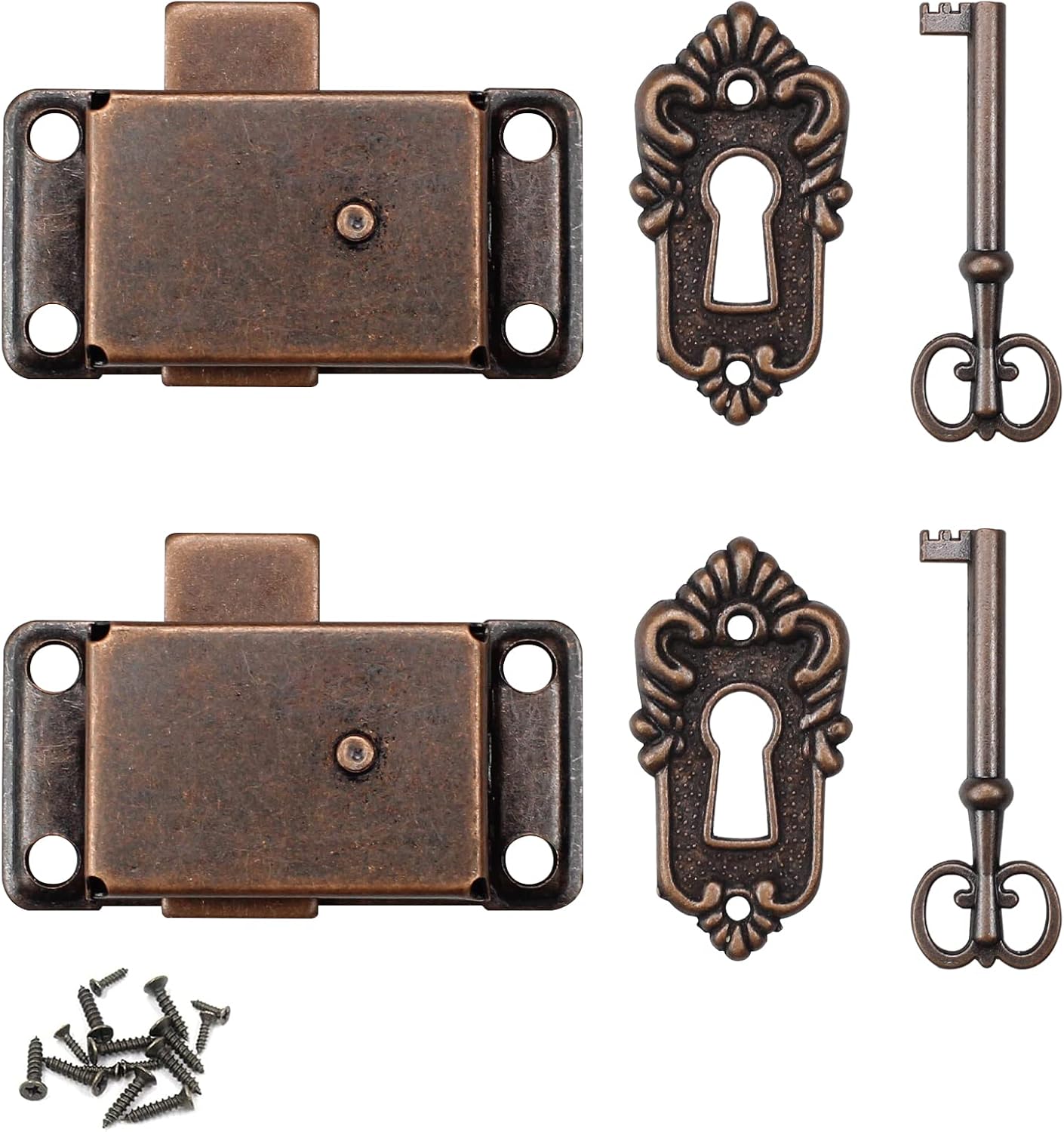 Quiodok 2 Pcs Antique Cabinet Door Lock Sets, Vintage Lock with Key for Wardrobes, Drawers, Boxes