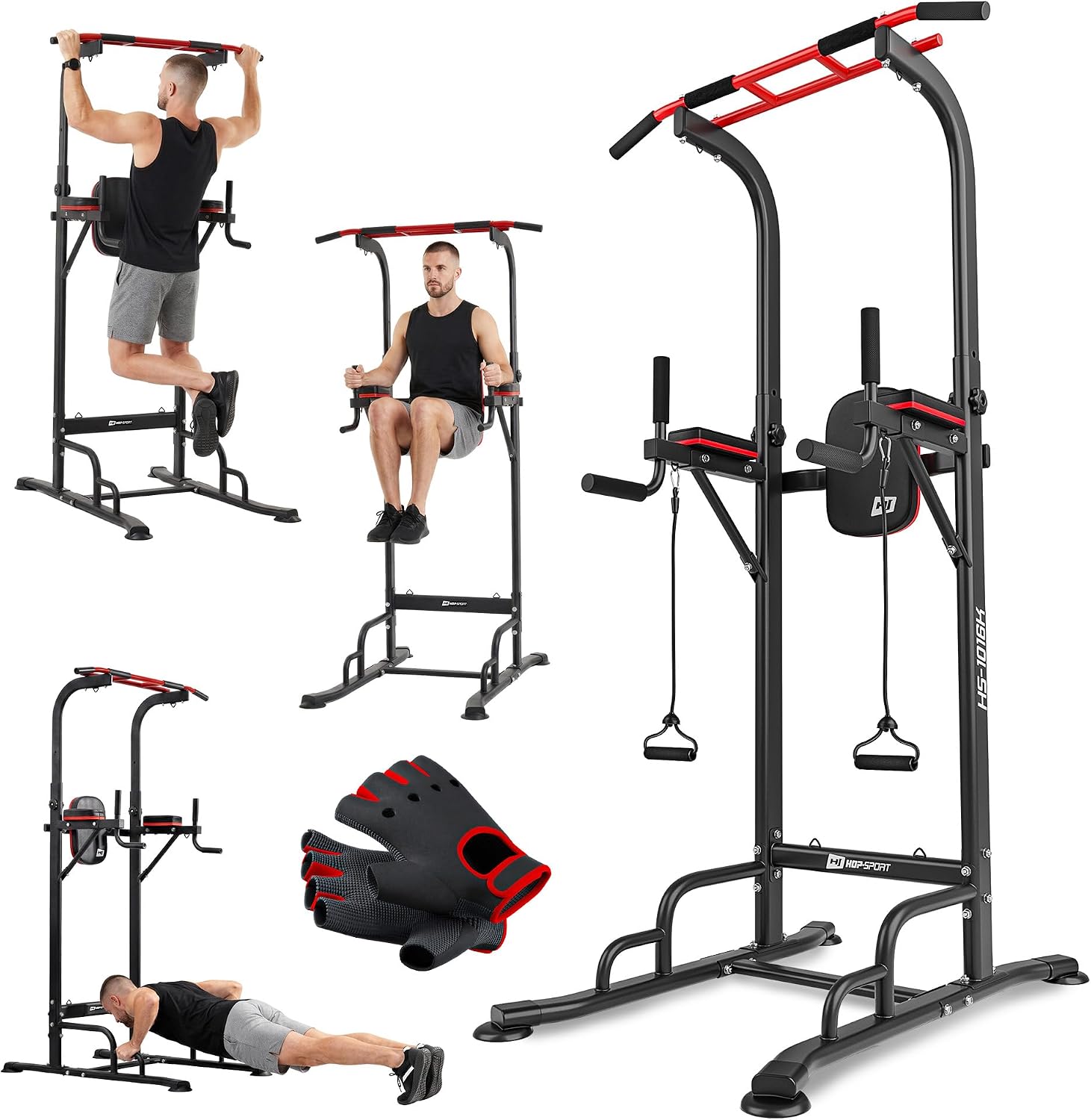 Hop-Sport Power Tower – Multifunctional Power Tower with Dip Station, Pull-Up Bar, Push-Up Handles & Adjustable Armrests – Home Gym Strength Station