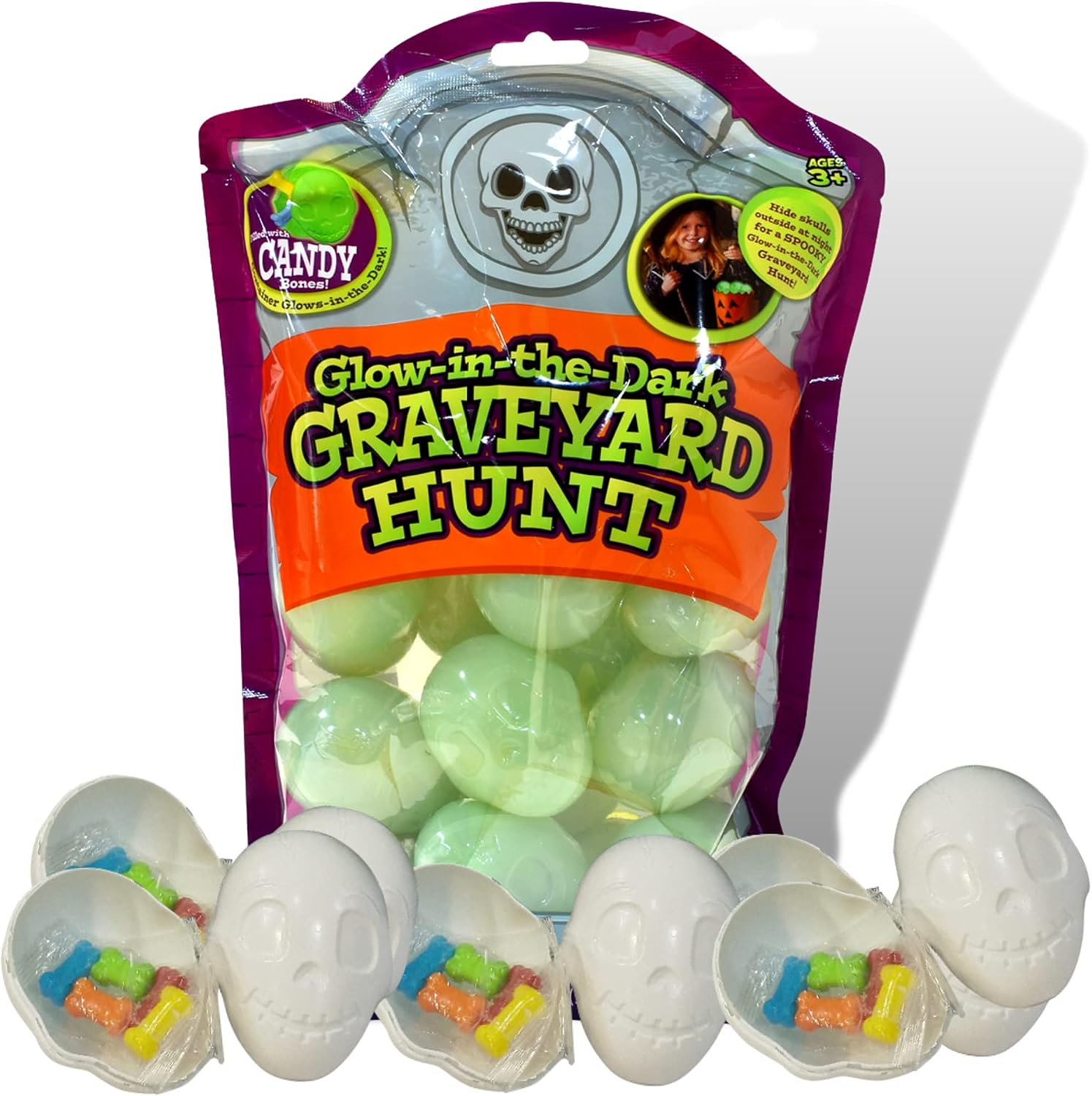 Graveyard Hunt Glow in The Dark Party Supplies, Skeleton Shaped Eggs Filled with Candy Halloween Hide and Seek, Trick Or Treat Candies and Favors, Bag of 20