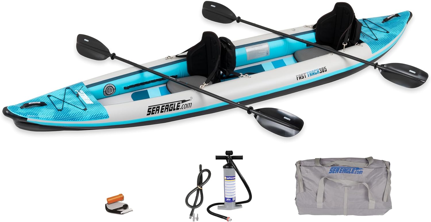 Sea Eagle 385FT Redesigned Fasttrack Inflatable Kayak 12'8" 2 Person Touring Kayak, Attached Rigid High-Pressure V-Bottom, Smoother Paddling Experience-Light Weight