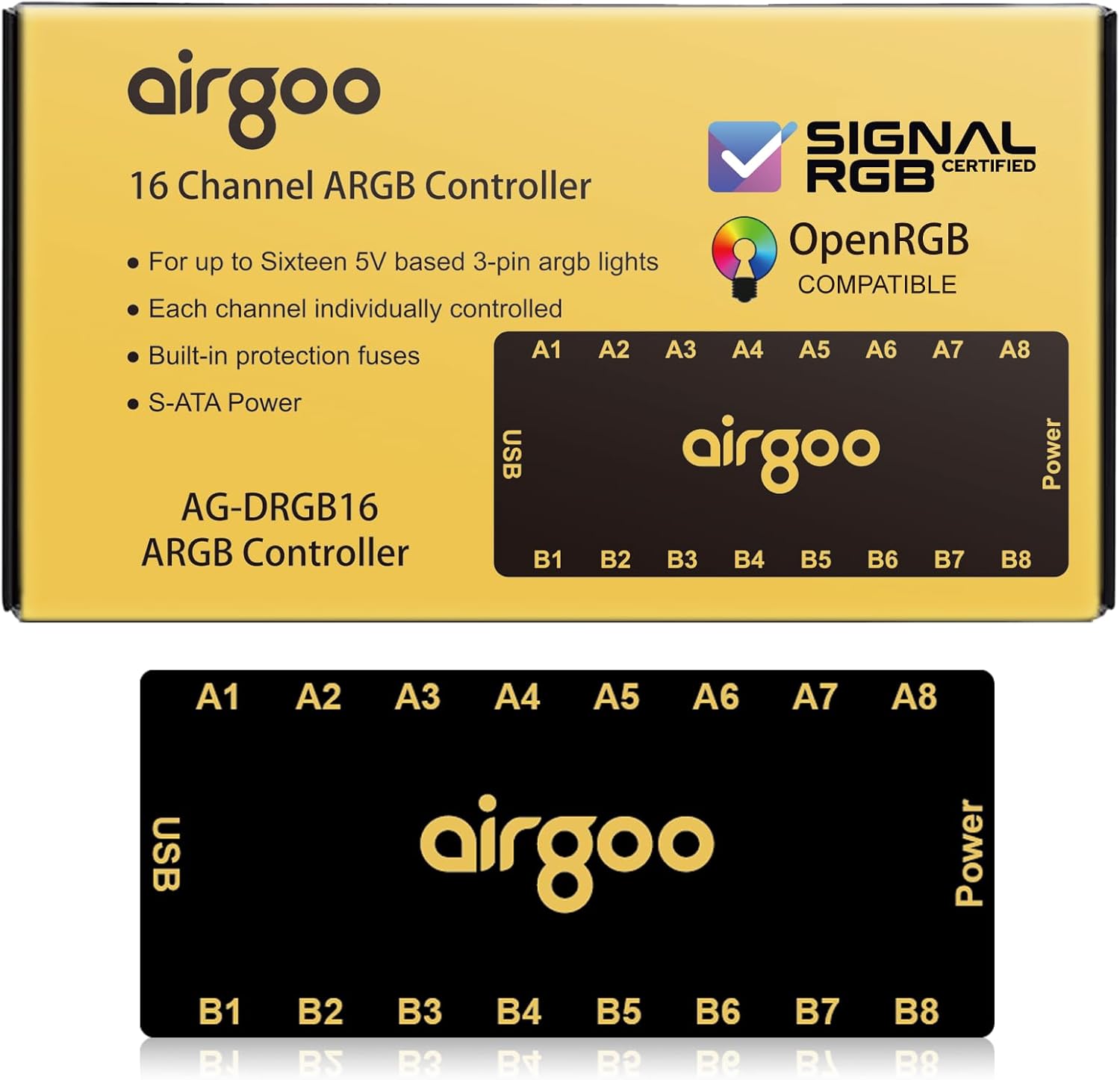 Airgoo Magnetic 16-Port Signal RGB Controller, SATA Powered ARGB Controller PC Lighting Hub for Mid & Full-Tower Cases, Compatible with SignalRGB & OpenRGB, AG-DRGB16