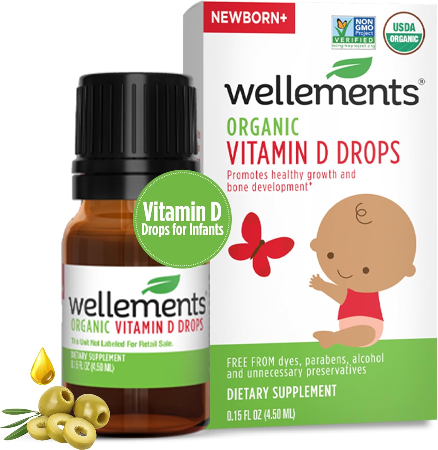 Wellements Baby Organic Vitamin D Drops for Infants & Toddlers (0.15 Fl Oz) - Certified Newborn+ Liquid Vitamin D3 Drops, Support Healthy Growth & Bone Development (1 Drop Daily & 400 IU Per Serving)