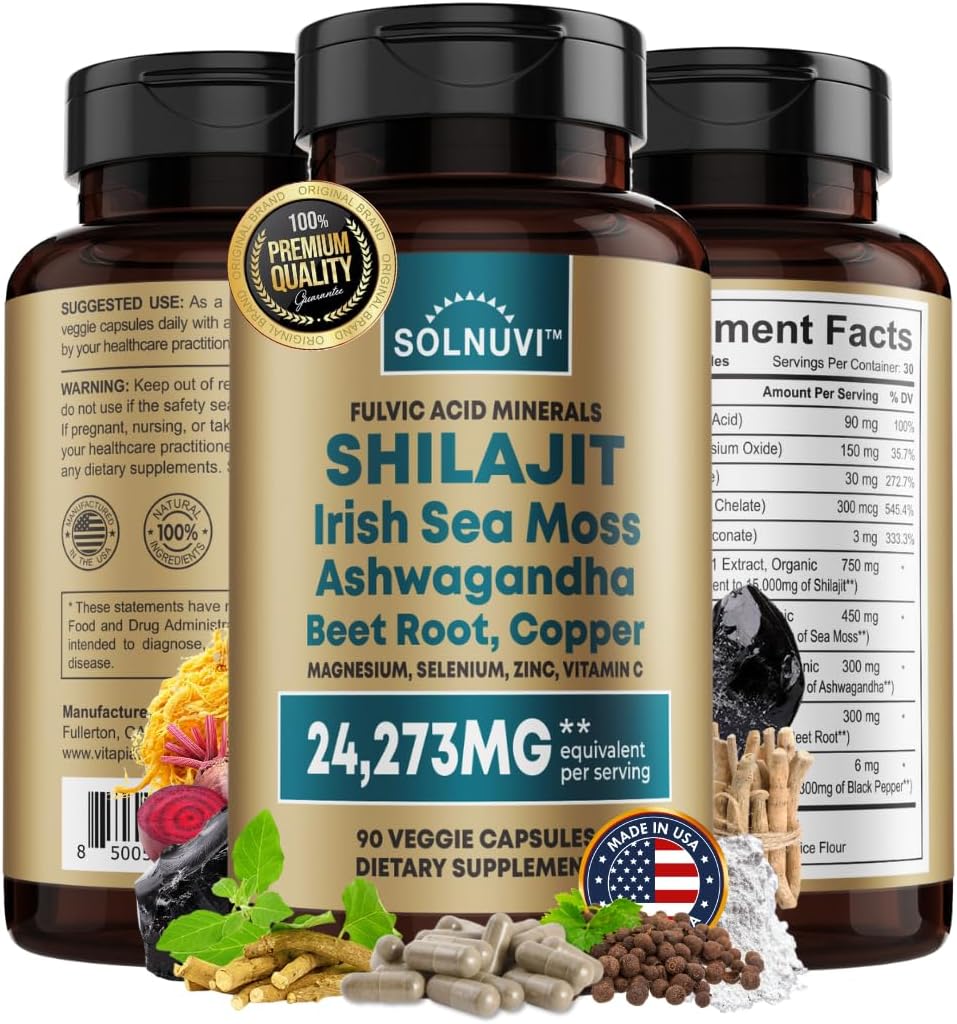 Shilajit Pure Himalayan Organic Capsules with Irish Sea Moss, Ashwagandha, Copper, Beet Root - Fulvic Acid Trace Minerals Supplement for Men & Women - 90 Count, Non-GMO, Gluten-Free