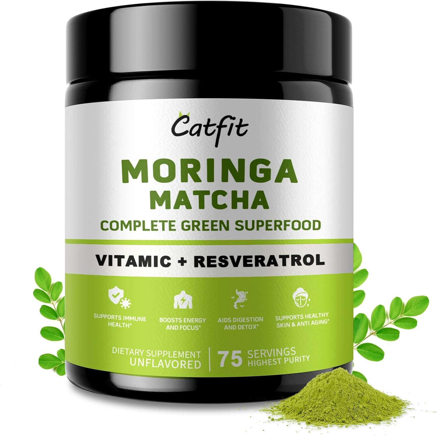 Moringa Powder with Matcha, Green Tea and Resveratrol, 4-in-1 Superfood for Energy, Immune, Digestion and Antioxidant Support, Vegan, Gluten-Free, 8oz