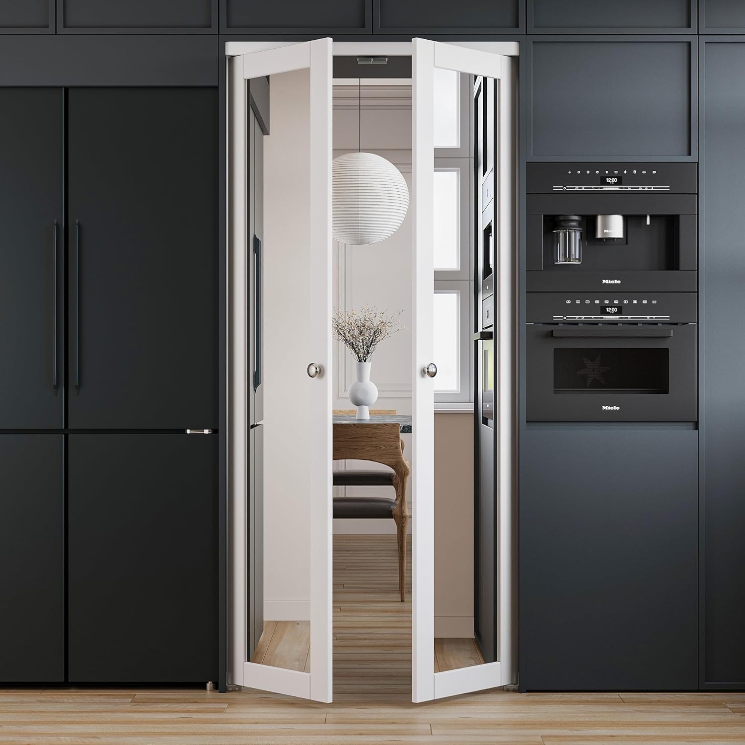 French Pivot Door for 36" x 80" Opening, Double One-Side Mirror Door Panels with Pivot Hardware, Swing Doors for Pantry/Laundry/Storage Room, White, Water&Scratch-Resistance Surface, Easy Install