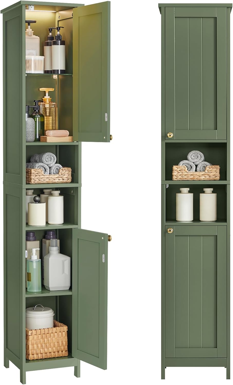 VASAGLE Tall Bathroom Cabinet with Lights, Slim Bathroom Storage Cabinet, Freestanding Narrow Cabinet with Adjustable Shelves, for Small Spaces, Modern, 11.8 Inches Wide, Forest Green UBBC566C01