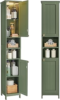 VASAGLE Tall Bathroom Cabinet with Lights, Slim Bathroom Storage Cabinet, Freestanding Narrow Cabinet with Adjustable Shelves, for Small Spaces, Modern, 11.8 Inches Wide, Forest Green UBBC566C01