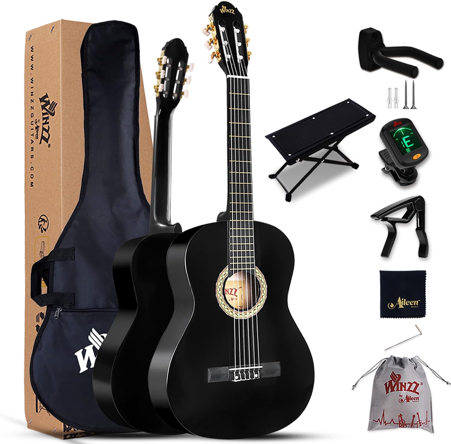 Winzz 4/4 Full Size Classical Guitar for Adults Teenager Students Beginners with Nylon-String (39 Inches, Black Glossy)