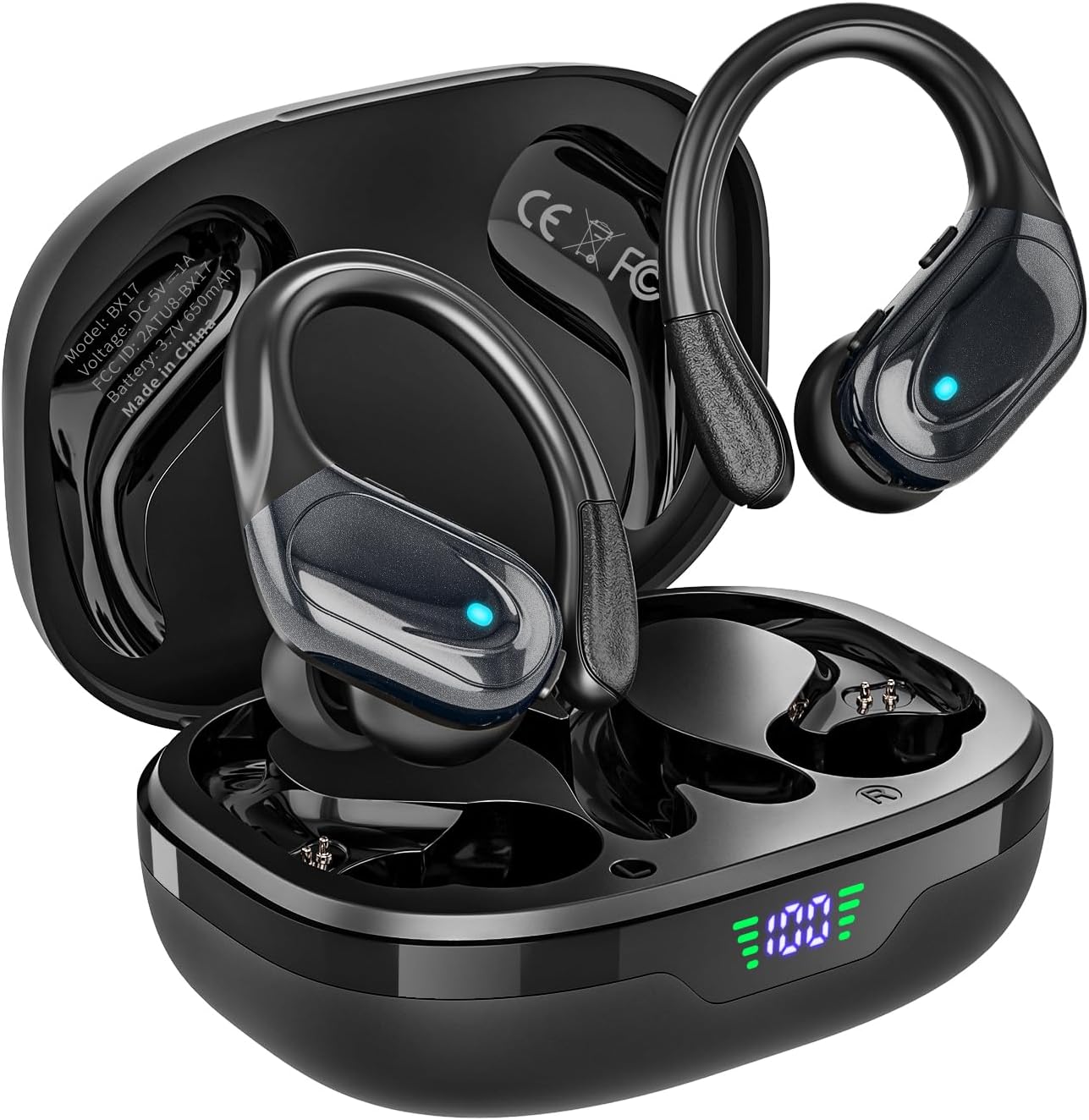 Wireless Earbuds, Sports Bluetooth Headphones, 80Hrs Playtime Ear Buds with LED Power Display, Noise Canceling Headset, IPX7 Waterproof Earphones for Workout/Running (Black)