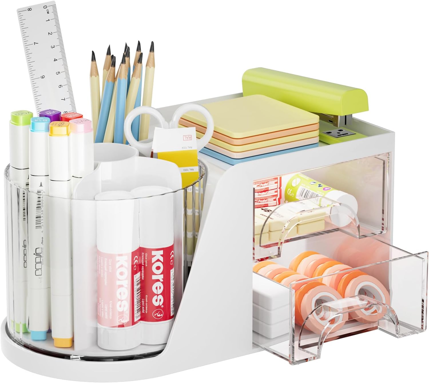 Marbrasse Desk Organiser,360-Degree Rotating Pen Holder,Desk Organisers Accessories with 5 Compartments Pencil Organizer,Art Supply Storage Box Caddy for Home Office (White)