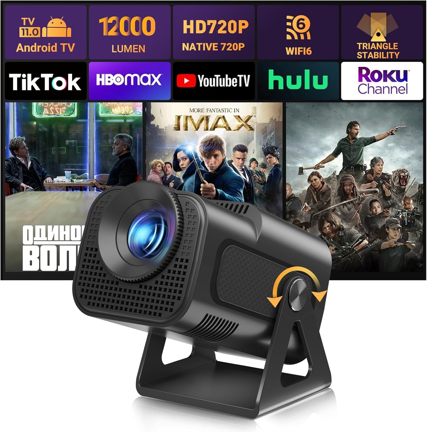 Mini Portable Projector XGODY Gimbal5 MINI Smart Android 11 HD Projector Supports 1080P 4K WiFi6 BT Home Theater Video Projector with 180° Rotatable Stand Auto Keystone for Android, iOS Dull Black