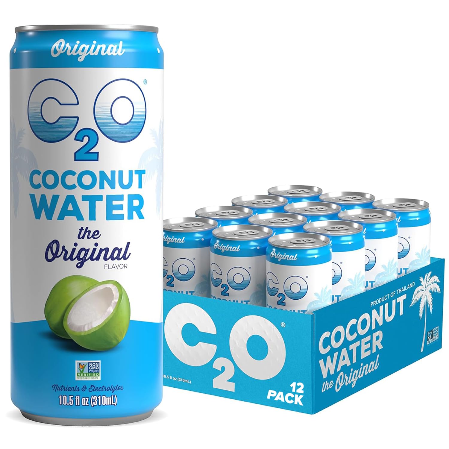 C2O - Coconut Water, The Original Flavor (12 Pack) - Made with Fresh Coconut Water - Plant Based - Non GMO - Canned Water - Natural Hydration, Electrolytes, & Potassium - 12 Slim Cans, 10.5 FL OZ