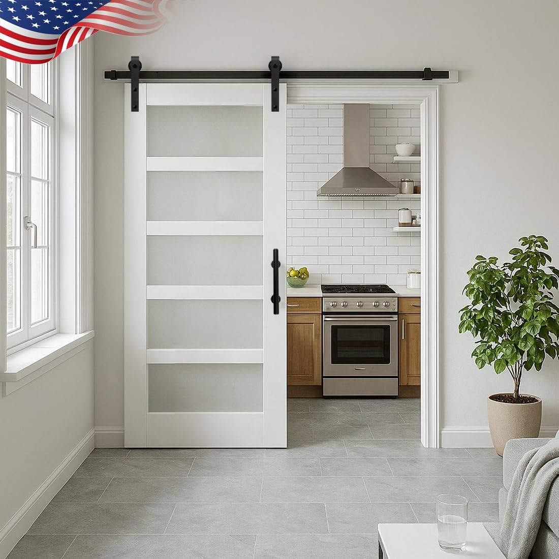 S&Z TOPHAND® 36 in x 84 in Glass Sliding MDF Barn Door with 6.6FT Sliding Door Hardware Kit, 5 Tempered Frosted Glass, Slab Inside Covered with Water-Proof PVC Surface, Simple DIY Assembly