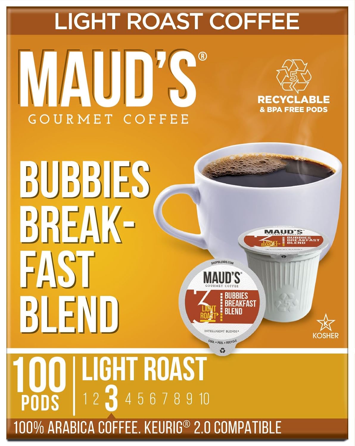 Maud's Breakfast Blend Coffee Pods, 100 ct - Bubbies Breakfast Blend - 100% Arabica Light Roast Coffee, Solar Energy Produced Recyclable Pods Compatible with Keurig K Cups Maker