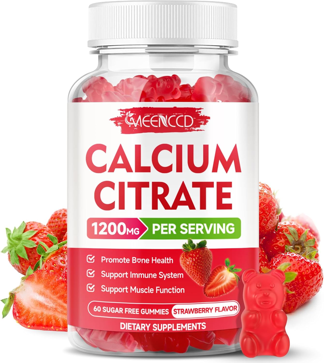 Calcium Citrate Gummies 1200mg - Chewable Calcium Supplement for Women & Men, Ultimate Absorption for Bone, Muscle & Immune Support, Vegan, Strawberry Flavor, 60 Count