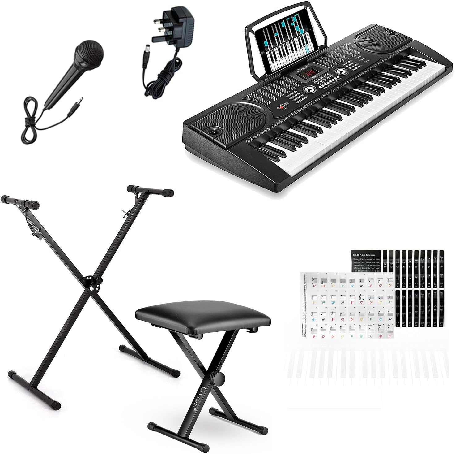Crystals 61-Key Digital Keyboard Piano Set for Beginners with Adjustable Keyboard Stand, Padded Piano Stool & Microphone – LCD Display, 128 Timbres & Rhythms, Record Mode, Headphone Jack - Black