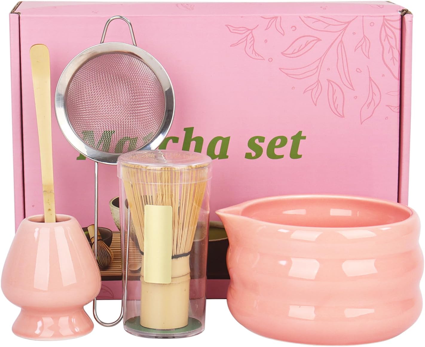 Set of 5 Matcha Tea Set with Whisk and Bowl, Matcha Kit for Ceremony Ceramic Matcha Bowl Gift for Tea Lovers(Pink)