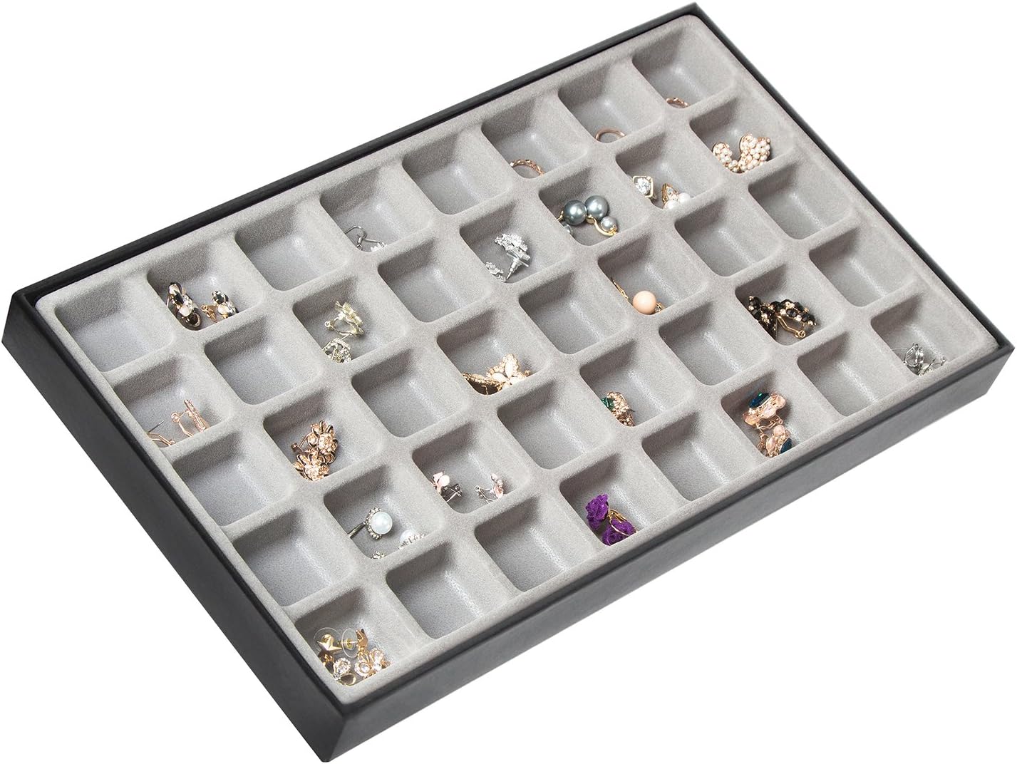 JACKCUBE DESIGN 40 Compartments Stackable Synthetic Leather Jewelry Tray Earring Necklace Bracelet Ring Organizer Display Storage Box(Set of 1, Black, 16 x 9.6 x 1.6 inches)- :MK212-3A