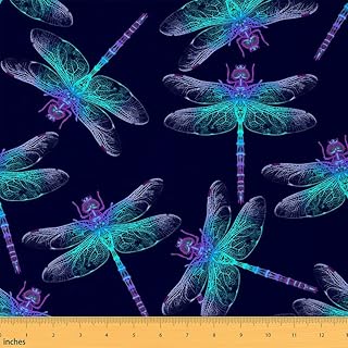 Feelyou Dragonfly Upholstery Fabric, Ornamental Dragonfly Printed Fabric by The Yard, Luxury Fly Animal Decorative Fabric for Upholstery and Home DIY Projects, Outdoor Fabric, 1 Yard, Purple Teal