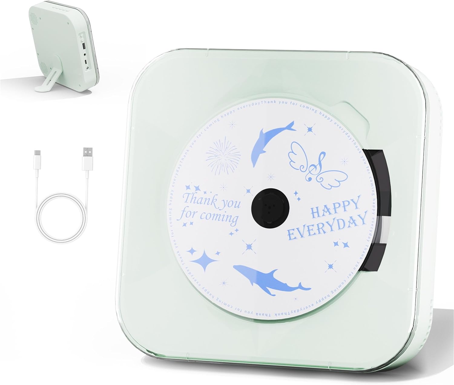 CD Player with Transparent Cover, Bluetooth, USB, High Fidelity Dual Speakers, 2000mAh Battery