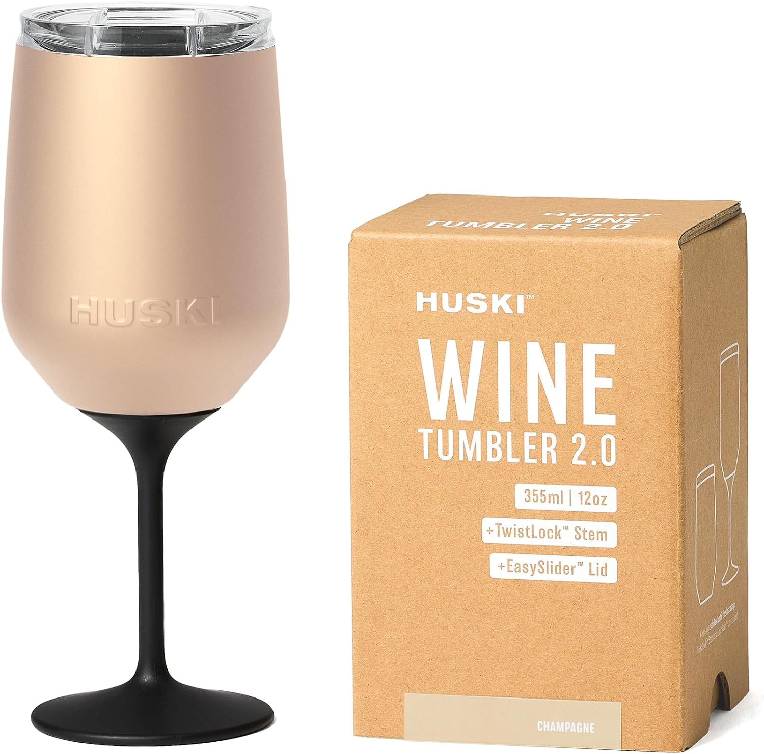 Huski Wine Tumbler 2.0 | NEW | Award-winning Design with Detachable Stem | Premium Stainless Steel Wine Glass with Lid | Triple Insulated Tumbler | 12oz Capacity | Great Gift (Champagne)