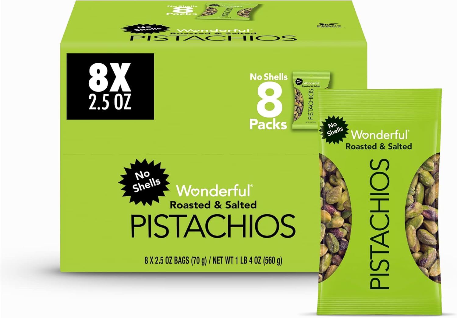 Wonderful Pistachios No Shells 2.5 Bag (Pack of 8) Roasted and salted, 20 Ounce