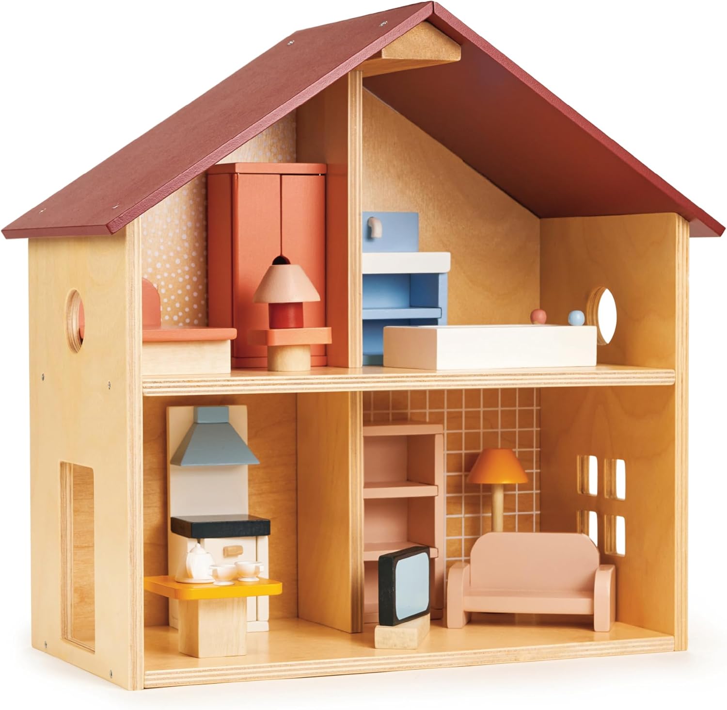 Mentari Toys - Poppets Dollhouse - Fully Furnished Open-Style Wooden Dollhouse with Windows & 4 Rooms - Compact House for Dolls - Great for Imaginative Play, Skill Development & Storytelling - Age 3+