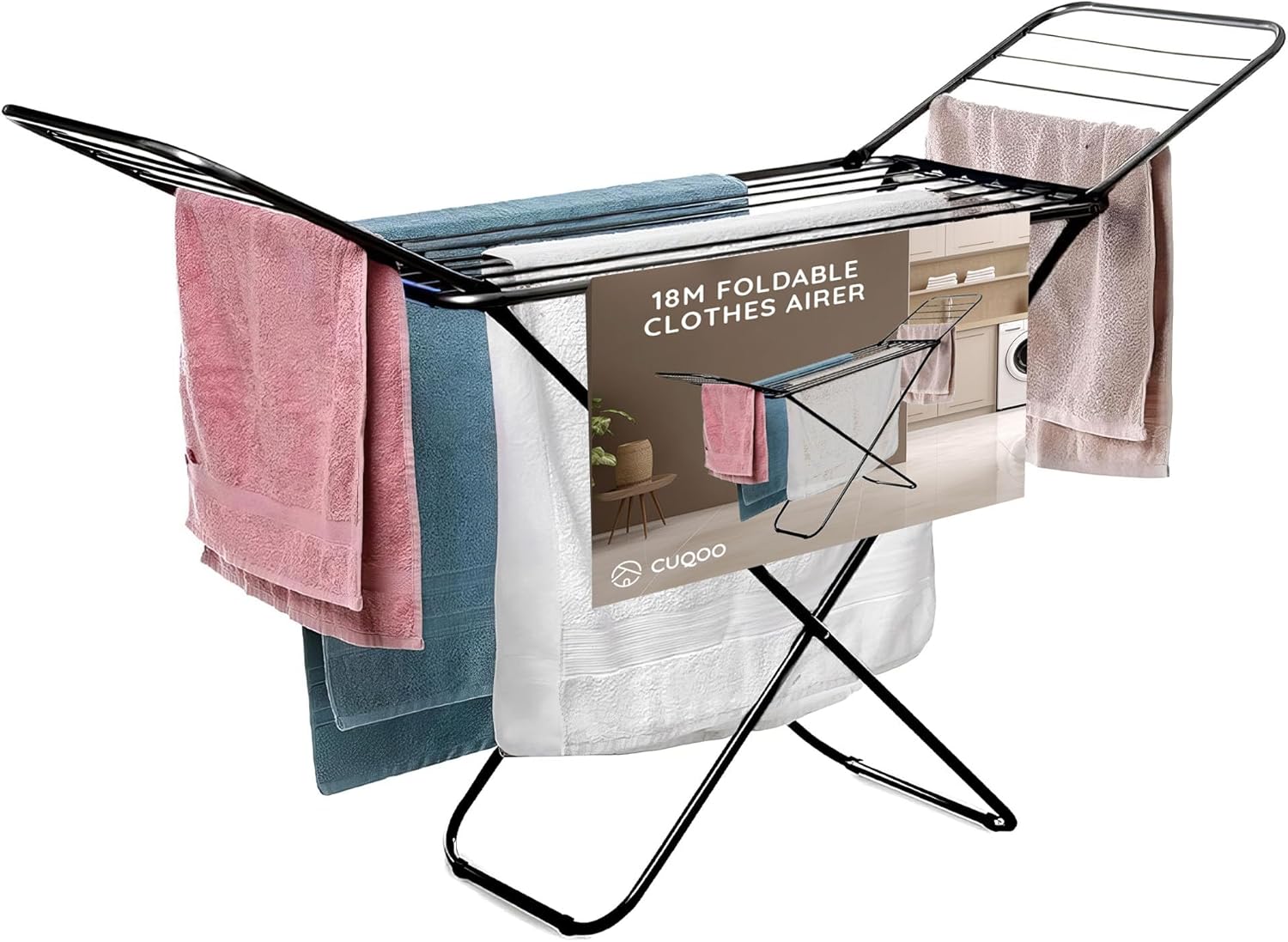 CUQOO Foldable Airer - Compact Clothes Drying Rack, Winged Heavy Duty Indoor Airer, Outdoor Clothing Drying Rack w/ 22 Bars, Large Stainless Steel Laundry Clothes Horse Black