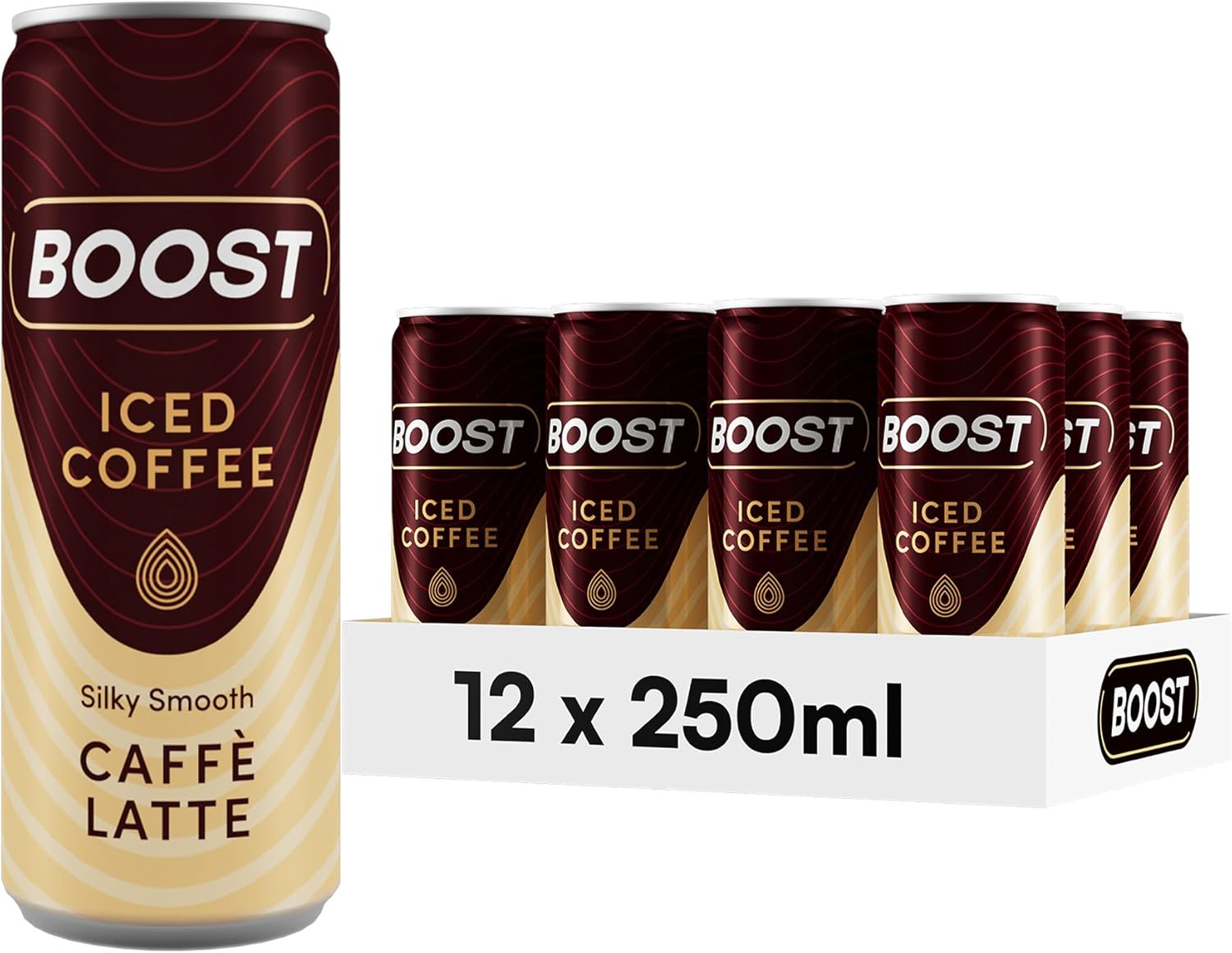 Boost Iced Coffee Cans Caffe Latte | 12 Canned Drinks with High Caffeine, Arabica and Robusta Coffee Beans and Milk | Ice Coffee Bulk Drinks | Gluten Free Flavoured Coffee Drinks Multipack | 12x250ml