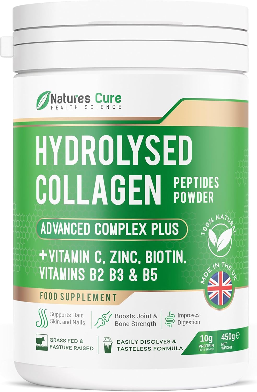 Premium Collagen Powder Complex – Bovine Collagen Peptides 450g- Enriched with Essential B Vitamins, Vitamin C, Zinc & Biotin – Pure Hydrolysed Collagen Supplement – by Natures Cure