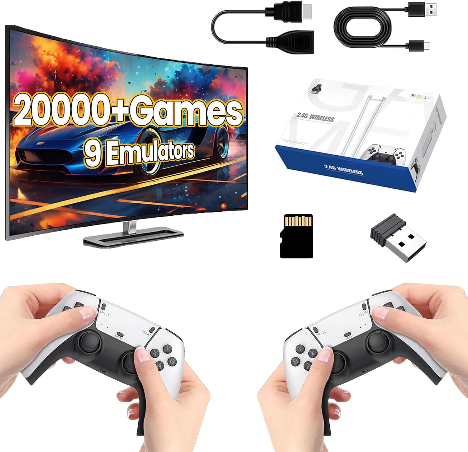 Wireless Retro Game Console, Retro Game Stick 4K HDMI Output Built-in 20000+ Games Daul 2.4GHz Wireless Controllers 9 Emulators Plug and Play Video Games for TV