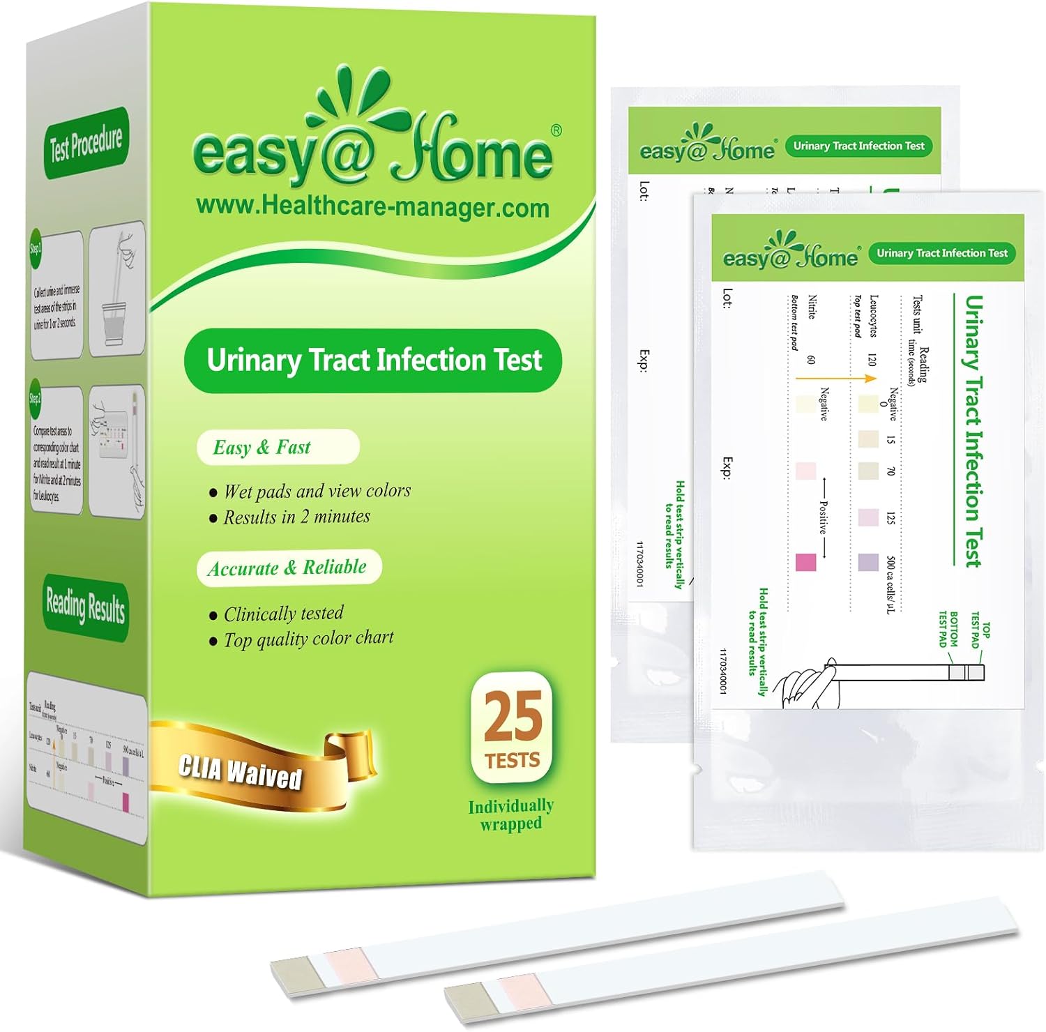 Easy@Home 25 Individual Pouch Urinary Tract Infection Test Strips, UTI Urine Testing Kit for Urinalysis and Detection of Leukocytes and Nitrites (UTIPOUCH-25P)