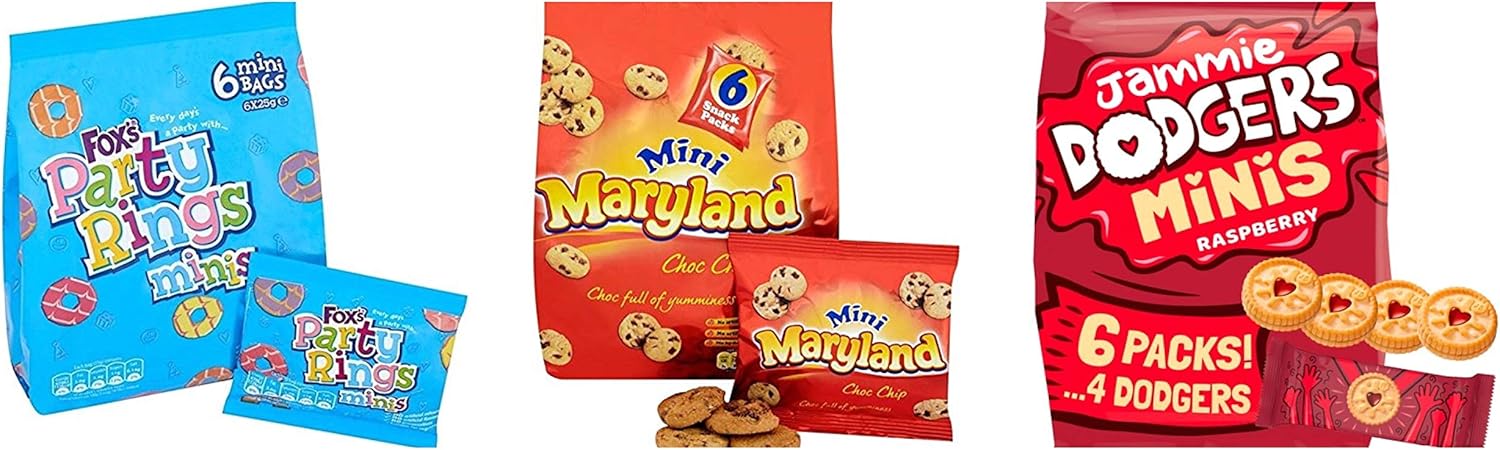 Mini Biscuits Party Selection Pack. Jammie Dodgers, Party Rings, Maryland Choc Chip Cookies. Eighteen small bags for Kid's Parties, lunch boxes, Snacks.