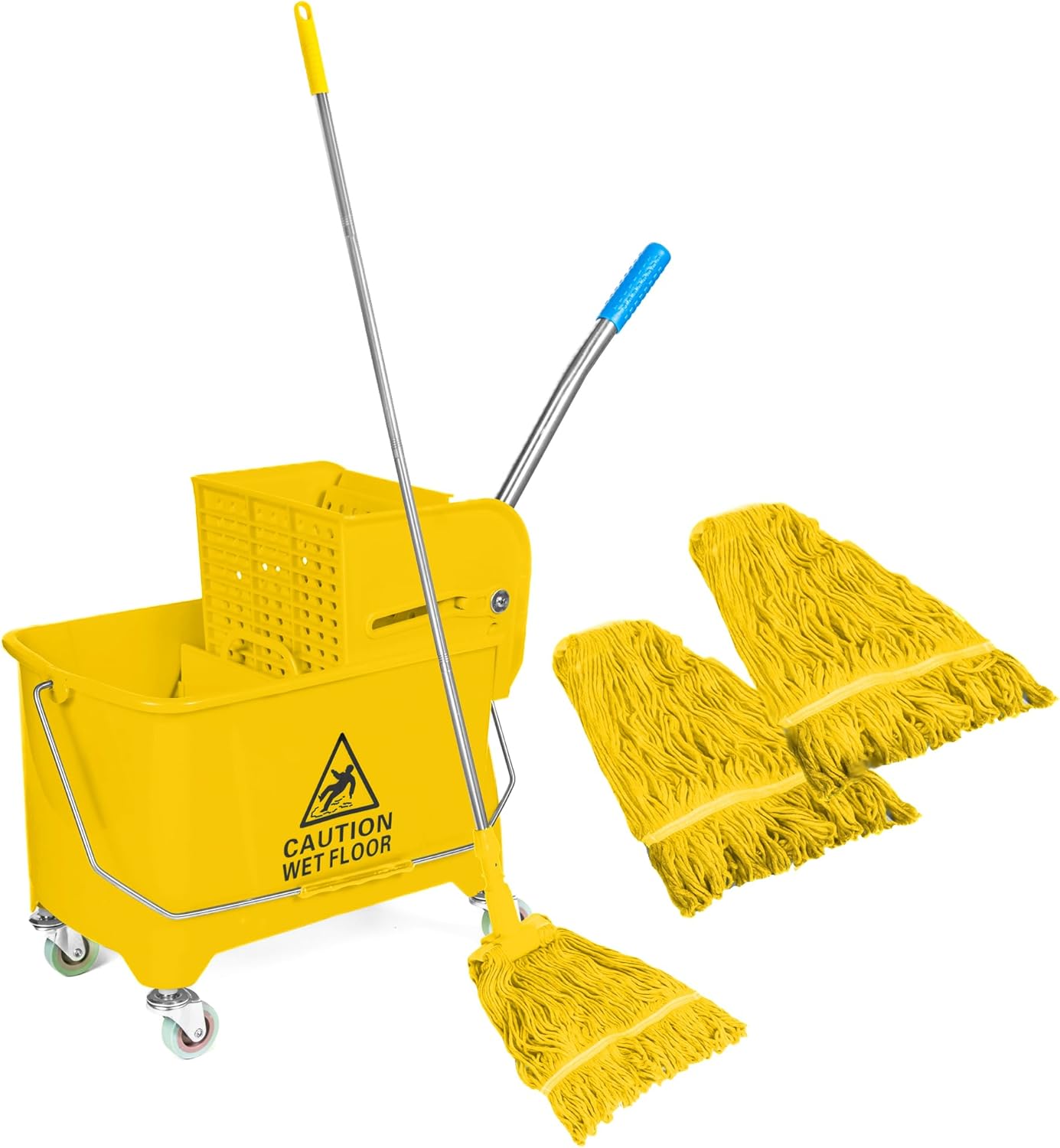 Curvaso 20L Yellow Kentucky Mop Bucket & Wringer System with Wheels | Includes 2 Mopping Heads & Handle Holder | Commercial & Home Floor Cleaning