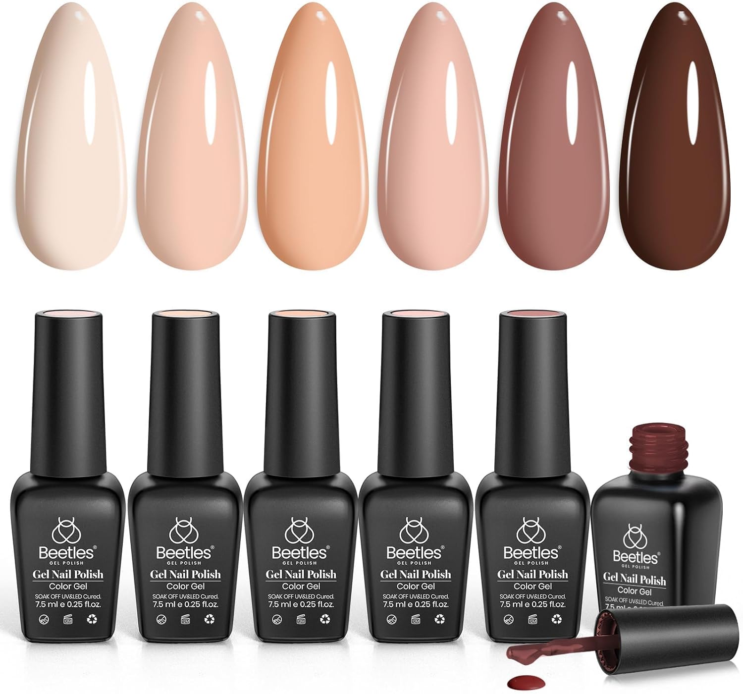 beetles Gel Polish, 6 Nude Colours Neutral Chocolate Brown Nail Kit Popular Design Soak Off UV Gel DIY Manicure French Kit Beauty Gifts for Women Girls