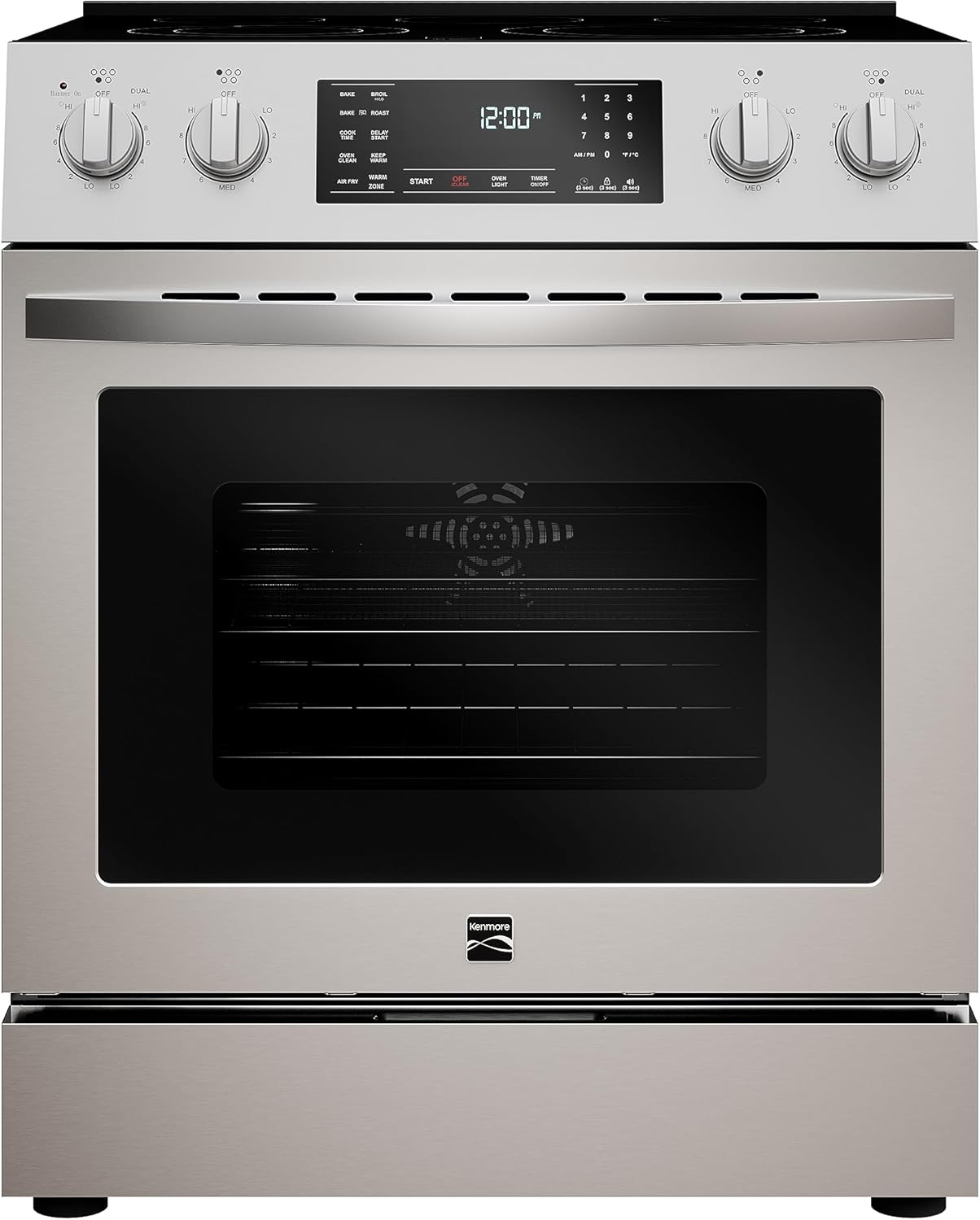 Kenmore Front Control Electric Range Oven with 5 Cooktop Elements with 7 Cooking Power Options, True Convection, Steam and Self Clean, Freestanding Oven, 4.8 cu. ft. Capacity Stainless Steel