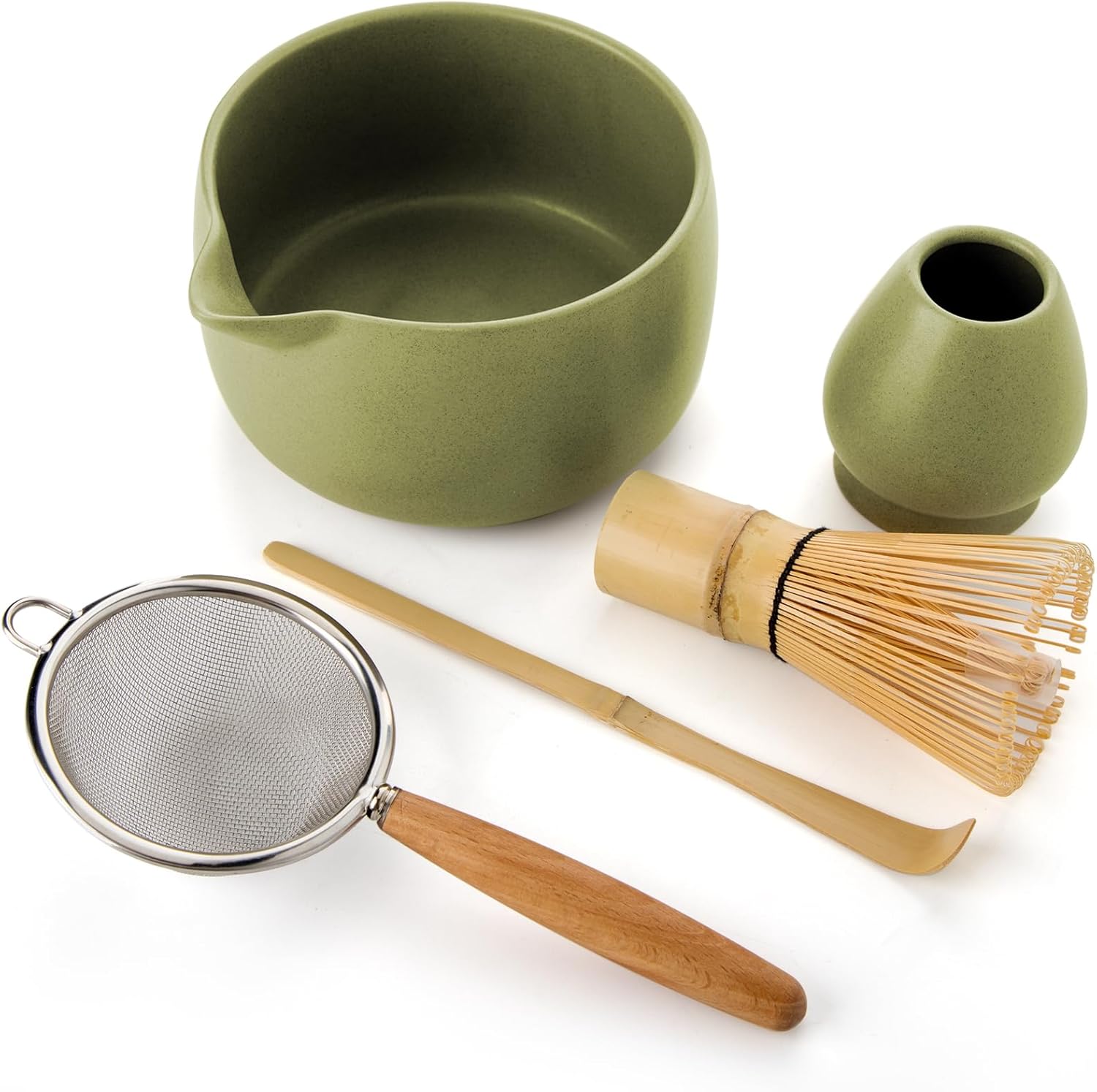 18Oz Matcha Whisk Set - 5PCS Matcha Set Includes Matcha Bowl with Spout, Bamboo Whisk with Ceramic Holder, Matcha Scoop and Sifter, Matcha Kit for Ceremony, Gift for Matcha Lovers (Matcha Green)