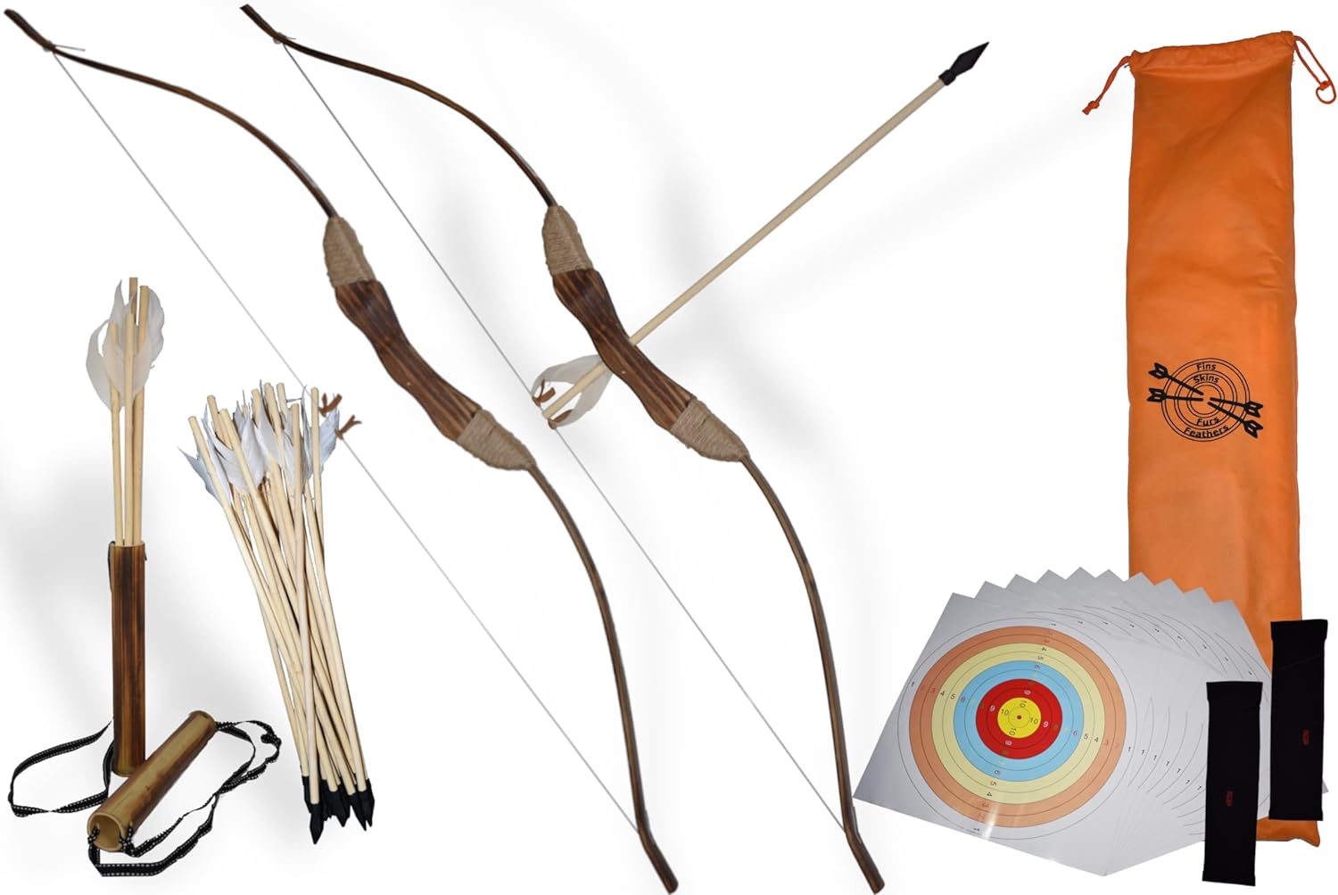 FSFF Enhanced Wooden Bow and Arrow Set 33 Piece-2 Bows 2 Quivers 16 Arrows 10 Targets & 2 Armguards Beginner Toy Archery Outdoor Gift Idea Boy or Girl