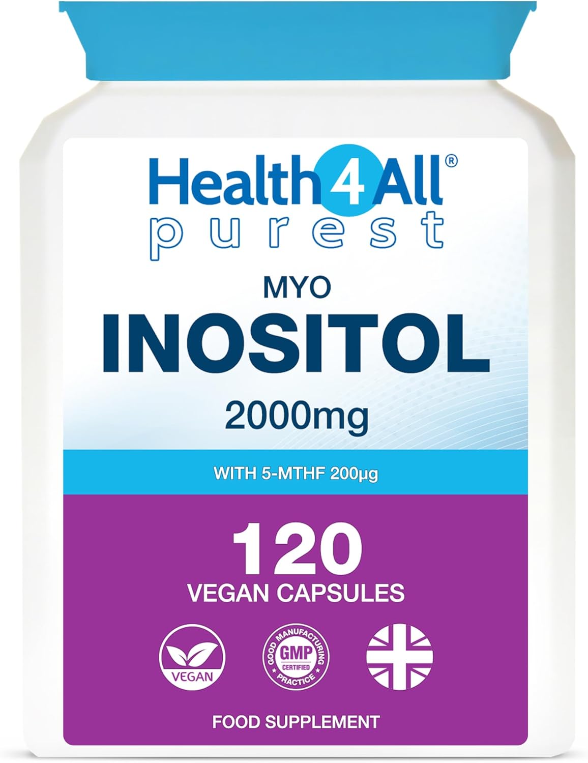 Health4All Myo-Inositol with 5-MTHF Methylfolate 120 Capsules, PCOS Supplement, Aids Hormonal Balance, Metabolism & Conception, Purest Vegan Capsules (not Tablets) | Made in UK