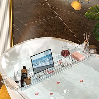 UShioart Acrylic Bathtub Caddy Tray Adjustable Bath Tray for Tub Holder Bath Accessories, Tub Caddy for Bathroom Luxury Spa, Expandable Size Bath Tub Organizer Fits Most Tubs Cosmetic Display Cases