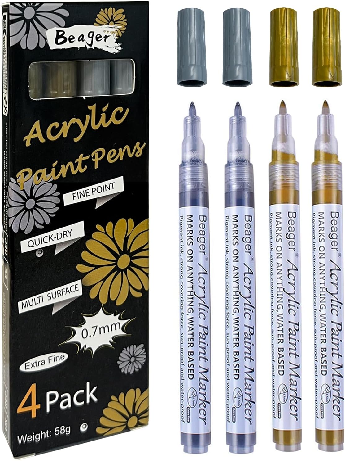 Beager Acrylic Paint Pens,0.7mm Silver Gold Permanent Marker Pens Fine Tip Acrylic Markers for Glass,Ceramic,Christmas Cards,Rock Painting DIY Crafts 4Pcs