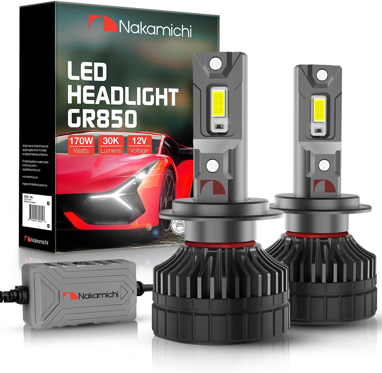 Nakamichi GR850 Series H7 LED Light Bulbs for Replacement, 30,000 Lumens 170W Per Set, Super Bright Daylight White, Plug and Play, High & Low Beam, Pack of 2 6000K, H7