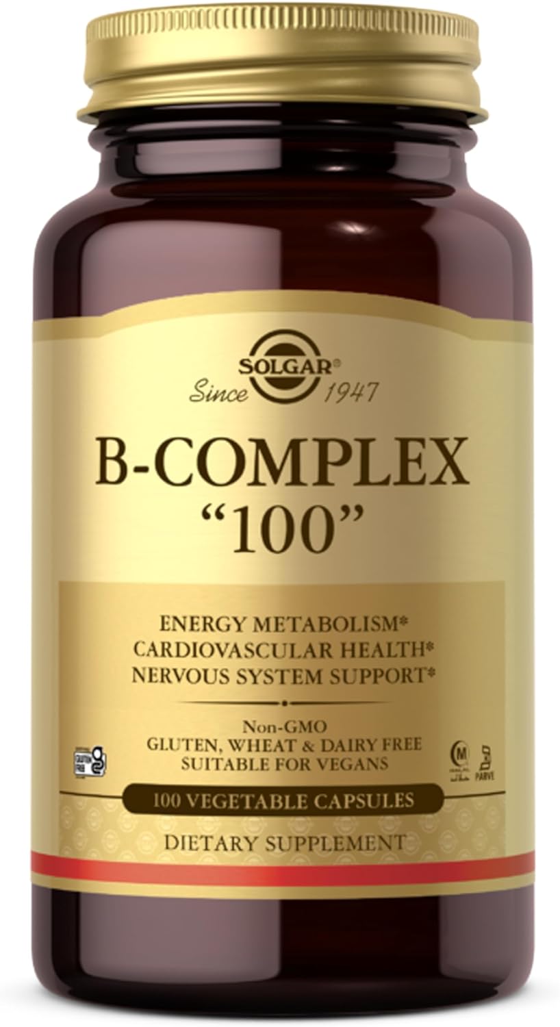 Solgar BComplex "100" Vegetable Capsules Heart Health Nervous System Support Supports Energy Metabolism Non GMO Vegan Gluten Free Dairy Free Kosher Halal Servings, Standard Packaging, 100 Count