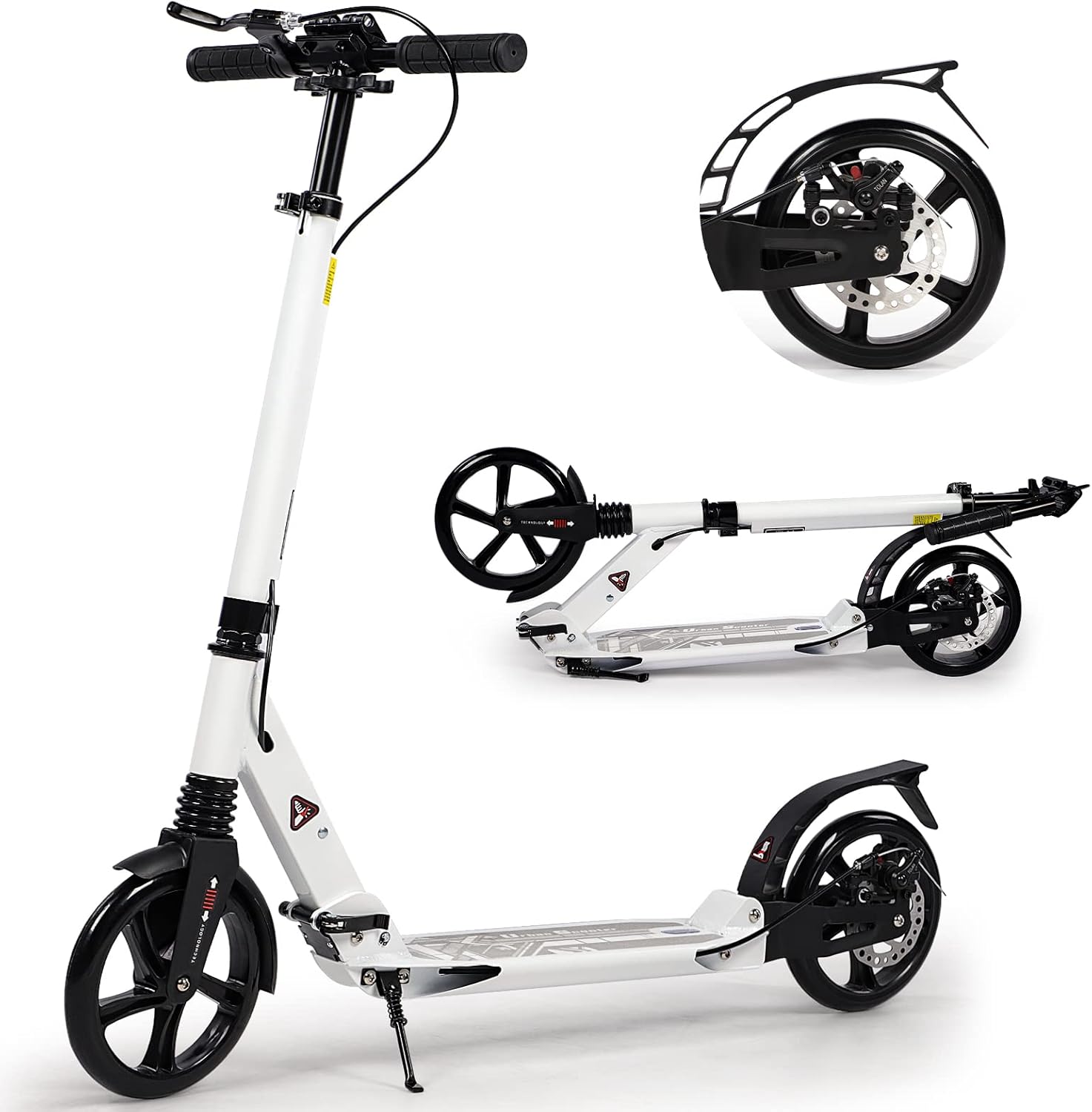 Adult Kick Scooter with Disc Handbrake, Foldable Adjustable Urban Scooter with Dual Suspension, 200mm Big Wheels for Kids Adults and Teens (White)