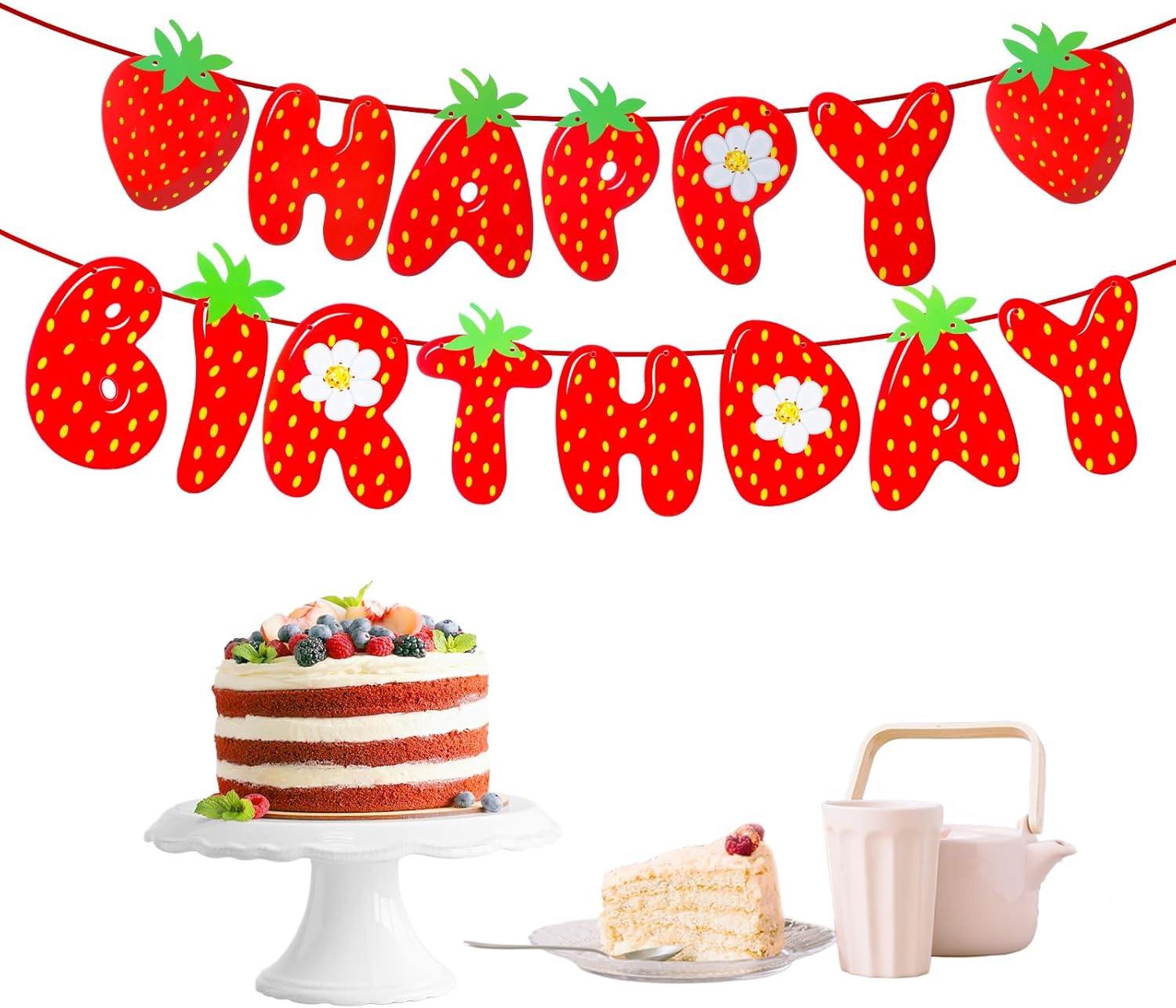 Strawberry Happy Birthday Banner, Red Strawberry Themed Party Hanging Banner Strawberries Garland Banners Decoration for Women Girls Birthdays and Celebrations Party Decor