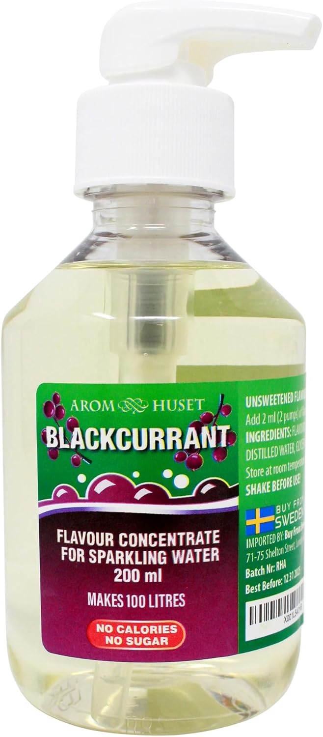 Aromhuset BlackCurrant Sparkling Water Flavouring Drops 200ml - With Pump Bottle - Makes 100 Litres with 1-500 - Zero Sugar & No Calories - Just Add 2 Pumps to 1 Litre Sparkling Water