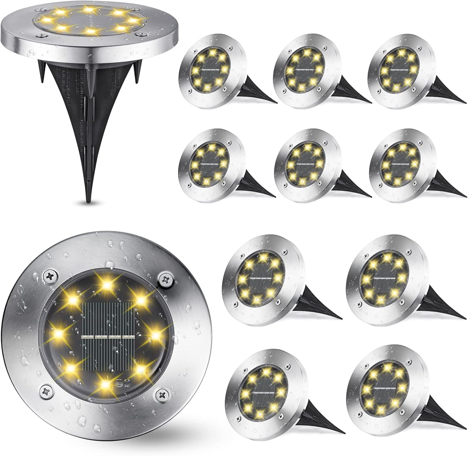 Joomer Outdoor Solar Garden Lights, Solar Powered Ground Warm White Lights Outdoor Waterproof Garden Lights with 8 LED Solar Disk Lights for Pathway Yard Walkway Patio Lawn Path(12 Pack)